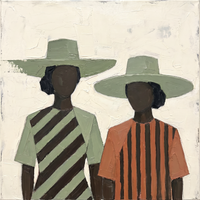 Original oil painting of two deep-brown-skinned women in wide sage-green flat-brim hats, striped in sage and terracotta, on a cream ground