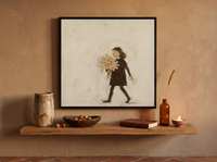 Girl with a Bouquet Wall Art — Original Palette-Knife Oil, Chocolate & Tan — original hand-painted oil shown on the wall in a styled room