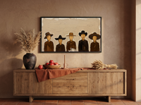 Row of Five Hatted Figures Wide Wall Art — Original Palette-Knife Oil, Chocolate & Cream — original hand-painted oil shown on the wall in a styled room