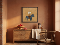 Child on a Pony Wall Art — Original Palette-Knife Oil, Slate Blue & Ochre — original hand-painted oil shown on the wall in a styled room
