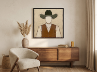 Cowboy in a Vest Wall Art — Original Palette-Knife Oil, Olive & Caramel — original hand-painted oil shown on the wall in a styled room