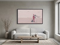 Wedding Couple & Dog Wide Wall Art — Original Palette-Knife Oil, Pink & Emerald — original hand-painted oil shown on the wall in a styled room