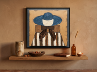 Lady in a Navy Hat Wall Art — Original Palette-Knife Oil, Navy & Ochre — original hand-painted oil shown on the wall in a styled room