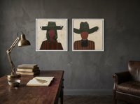 Cowgirl and Cowboy — Set of 2 Original Oils, Olive & Oxblood — original hand-painted oil shown on the wall in a styled room