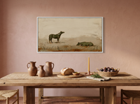 Standing and Resting Horses Wide Wall Art — Original Palette-Knife Oil, Olive & Oat — original hand-painted oil shown on the wall in a styled room