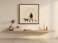 Dog Walker Wall Art — Original Palette-Knife Oil, Brown & Cream — original hand-painted oil shown on the wall in a styled room