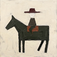 Original oil painting of a rider in a wide oxblood hat on a near-black charcoal horse facing left, heavy palette-knife texture on a cream ground
