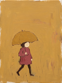 Oil painting of a woman in a clay-rose dress holding a dark open umbrella above her head, looking down, on a mustard-gold ground.