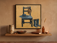 Cowboy Chair Still Life Wall Art — Original Palette-Knife Oil, Ochre & Slate — original hand-painted oil shown on the wall in a styled room