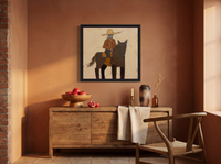 Cowgirl on Horseback Wall Art — Original Palette-Knife Oil, Brown & Ochre — original hand-painted oil shown on the wall in a styled room