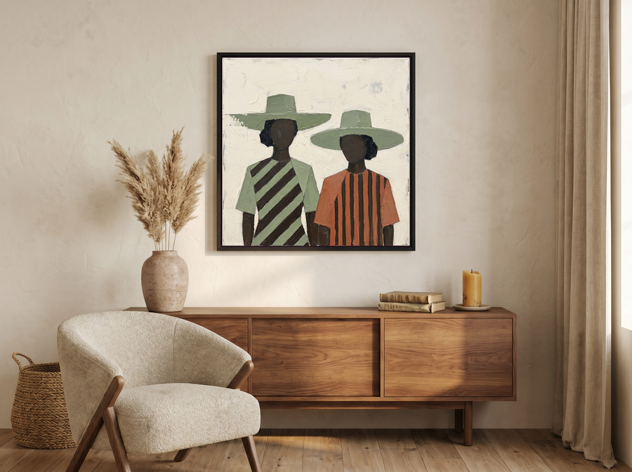 Two Women in Hats Wall Art — Original Palette-Knife Oil, Sage & Terracotta