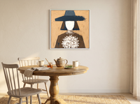 Woman with a Bouquet Wall Art — Original Palette-Knife Oil, Ochre & Navy — original hand-painted oil shown on the wall in a styled room