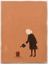 Oil painting of a figure in a near-black coat carrying a white lamb across the shoulders, on a terracotta ground.