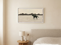 Lone Rider and Mountain Ridge Wide Wall Art — Original Palette-Knife Oil, Dark Olive & Oxblood — original hand-painted oil shown on the wall in a styled room