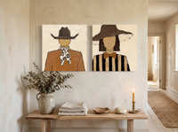 Cowboy & Wide-Brim Lady — Set of 2 Original Oils, Rust & Chocolate — original hand-painted oil shown on the wall in a styled room