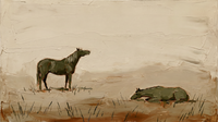 Original wide oil painting of one olive horse standing head-up and another lying in the grass on an oat field, palette-knife texture