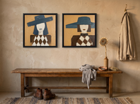Red-Lipped Woman in a Wide Hat — Set of 2 Original Oils, Teal & Ochre — original hand-painted oil shown on the wall in a styled room