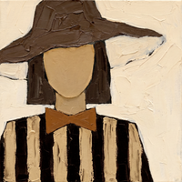Oil painting of a faceless woman in a chocolate-brown floppy hat with a tan oval face, an ochre collar bow and a chocolate-and-cream striped body, on a warm cream ground.