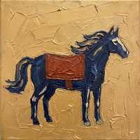 Oil painting of a deep navy horse in profile with a vermilion saddle blanket, mane and tail streaked with cream, on a heavy textured mustard-gold ground.