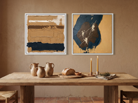 Bands & Monolith — Set of 2 Original Oils, Ochre & Navy — original hand-painted oil shown on the wall in a styled room