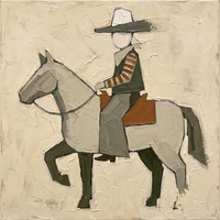 Original oil painting of a faceless cowboy in a pale hat on a grey horse with olive-green legs and a rust saddle blanket, on a cream ground