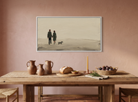 Couple Walking a Dog Wide Wall Art — Original Palette-Knife Oil, Olive & Charcoal — original hand-painted oil shown on the wall in a styled room