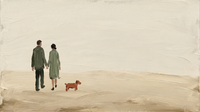 Original wide oil painting of a couple in green coats seen from behind walking a terracotta terrier across a soft sage and cream field, horizontal landscape