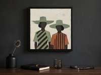 Two Women in Hats Wall Art — Original Palette-Knife Oil, Sage & Terracotta — original hand-painted oil shown on the wall in a styled room