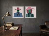 Cowboy & Wide-Brim Lady — Set of 2 Original Oils, Blush & Emerald — original hand-painted oil shown on the wall in a styled room