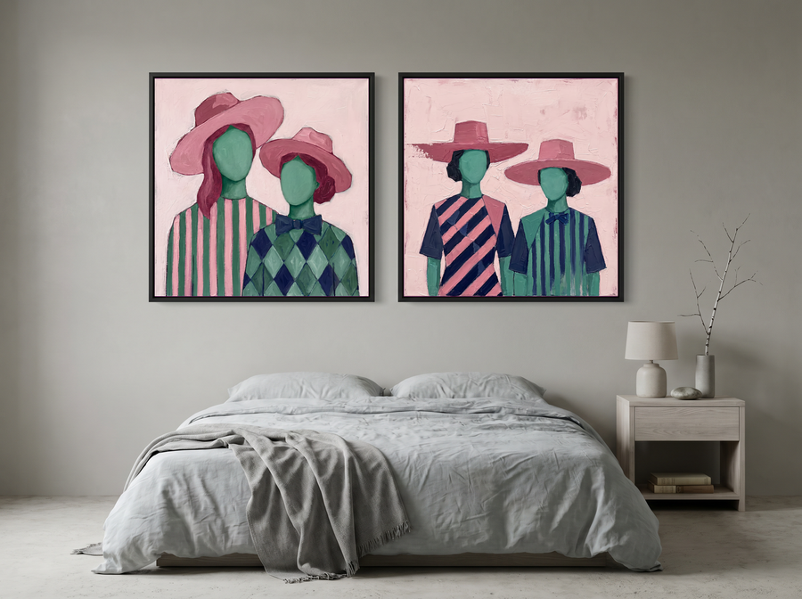 Women in Hats, Two Pairs — Set of 2 Original Oils, Blush & Emerald