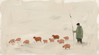 Original wide oil painting of a shepherd in a sage-green coat and black cap with a tall crook and a terracotta flock on a pale cream pasture, Lowry-style with open space