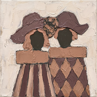 Original oil painting of two women in plum-mauve hats with dark oval faces, tan collar bands, and striped and harlequin bodices, on a cream ground