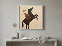 Rider on a Rearing Horse Wall Art — Original Palette-Knife Oil, Chocolate & Rust — original hand-painted oil shown on the wall in a styled room