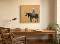 Braided Rider on Horseback Wall Art — Original Palette-Knife Oil, Slate Blue & Ochre — original hand-painted oil shown on the wall in a styled room