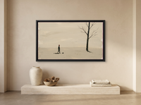 Lone Walker & Bare Tree Wide Wall Art — Original Palette-Knife Oil, Olive & Oxblood — original hand-painted oil shown on the wall in a styled room