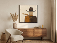 Cowboy from Behind Wall Art — Original Palette-Knife Oil, Espresso & Caramel — original hand-painted oil shown on the wall in a styled room