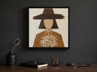 Woman with a Bouquet Wall Art — Original Palette-Knife Oil, Chocolate & Tan — original hand-painted oil shown on the wall in a styled room