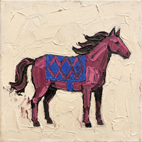 Original oil painting of a magenta-raspberry horse with a cobalt-blue diamond blanket and plum mane facing right, heavy palette-knife texture on a cream ground