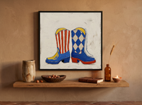 Cowboy Boots Wall Art — Original Palette-Knife Oil, Cobalt & Red — original hand-painted oil shown on the wall in a styled room