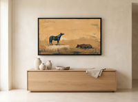 Standing and Resting Horses Wide Wall Art — Original Palette-Knife Oil, Navy & Golden Ochre — original hand-painted oil shown on the wall in a styled room