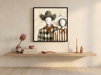 Cowboy & Cowgirl Couple Wall Art — Original Palette-Knife Oil, Olive & Rust — original hand-painted oil shown on the wall in a styled room
