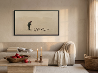 Man Feeding Pigeons Wide Wall Art — Original Oil Landscape, Dark Olive & Slate — original hand-painted oil shown on the wall in a styled room