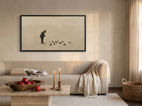Man Feeding Pigeons Wide Wall Art — Original Oil Landscape, Dark Olive & Slate