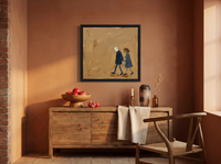 Couple Walking Hand in Hand Wall Art — Original Oil, Navy & Ochre — original hand-painted oil shown on the wall in a styled room