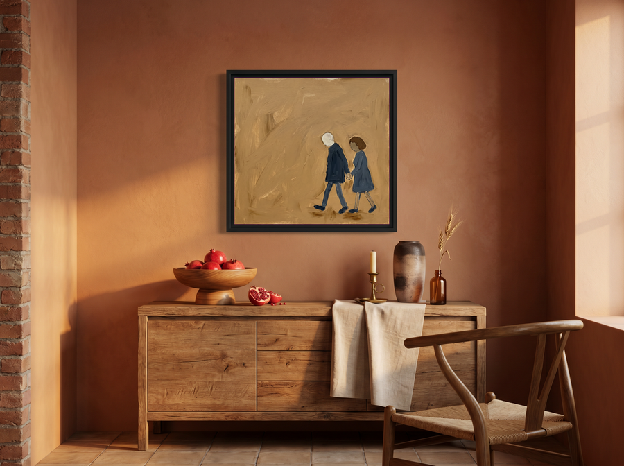 Couple Walking Hand in Hand Wall Art — Original Oil, Navy & Ochre