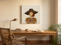 Woman in a Floppy Hat Wall Art — Original Palette-Knife Oil, Chocolate & Ochre — original hand-painted oil shown on the wall in a styled room