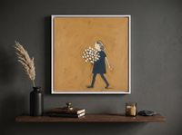 Girl with a Bouquet Wall Art — Original Palette-Knife Oil, Navy & Ochre — original hand-painted oil shown on the wall in a styled room