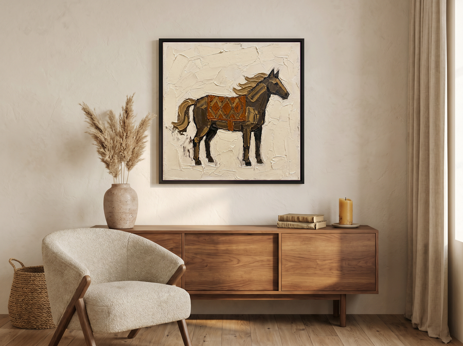 Standing Horse Wall Art — Original Palette-Knife Oil, Brown & Rust