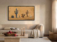 Desert Cacti Row Wide Wall Art — Original Palette-Knife Oil, Golden Ochre & Navy — original hand-painted oil shown on the wall in a styled room