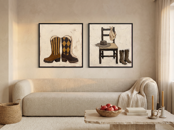Cowboy Boots & Hat — Set of 2 Original Oils, Chocolate & Rust